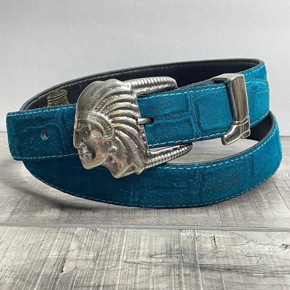 Vintage Native American Indian Head Silver Buckle Teal Calfskin Leather Belt S